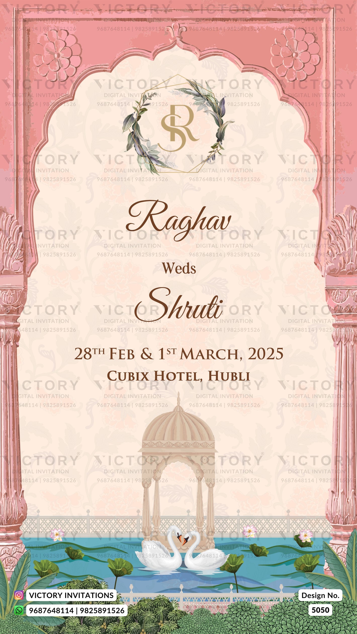 A pink and cream Indian wedding invitation card featuring an ornate arched frame, a monogram 'RS' wreath, and elegant script reading 'Raghav Weds Shruti' with event details at Cubix Hotel, Hubli. The lower section depicts a pavilion, swans in a pool, and green foliage.