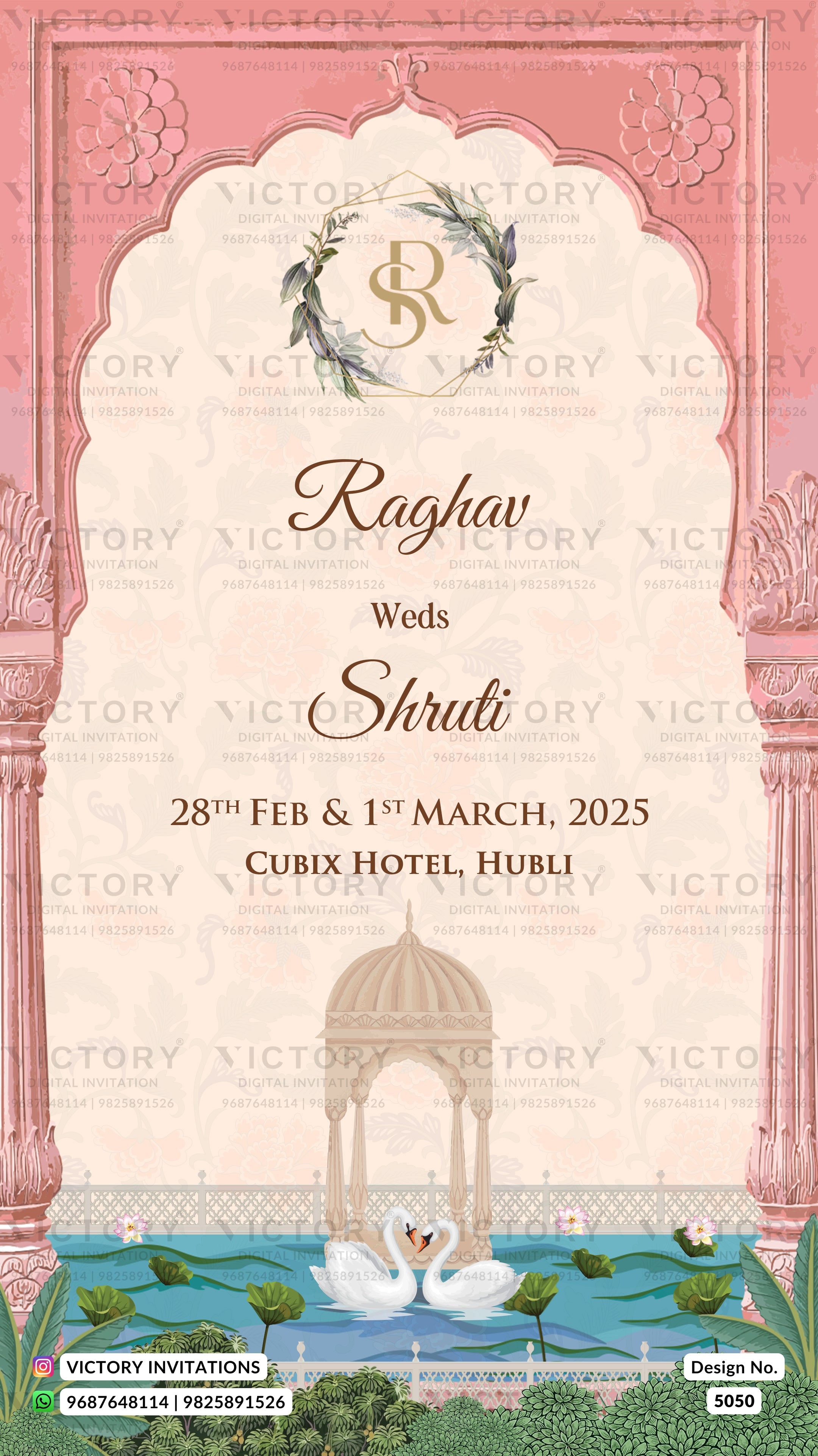 A pink and cream Indian wedding invitation card featuring an ornate arched frame, a monogram 'RS' wreath, and elegant script reading 'Raghav Weds Shruti' with event details at Cubix Hotel, Hubli. The lower section depicts a pavilion, swans in a pool, and green foliage.