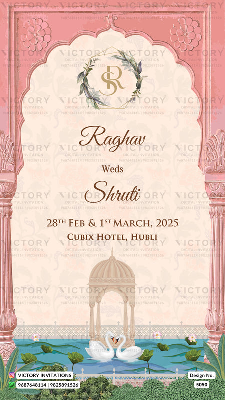 A pink and cream Indian wedding invitation card featuring an ornate arched frame, a monogram 'RS' wreath, and elegant script reading 'Raghav Weds Shruti' with event details at Cubix Hotel, Hubli. The lower section depicts a pavilion, swans in a pool, and green foliage.