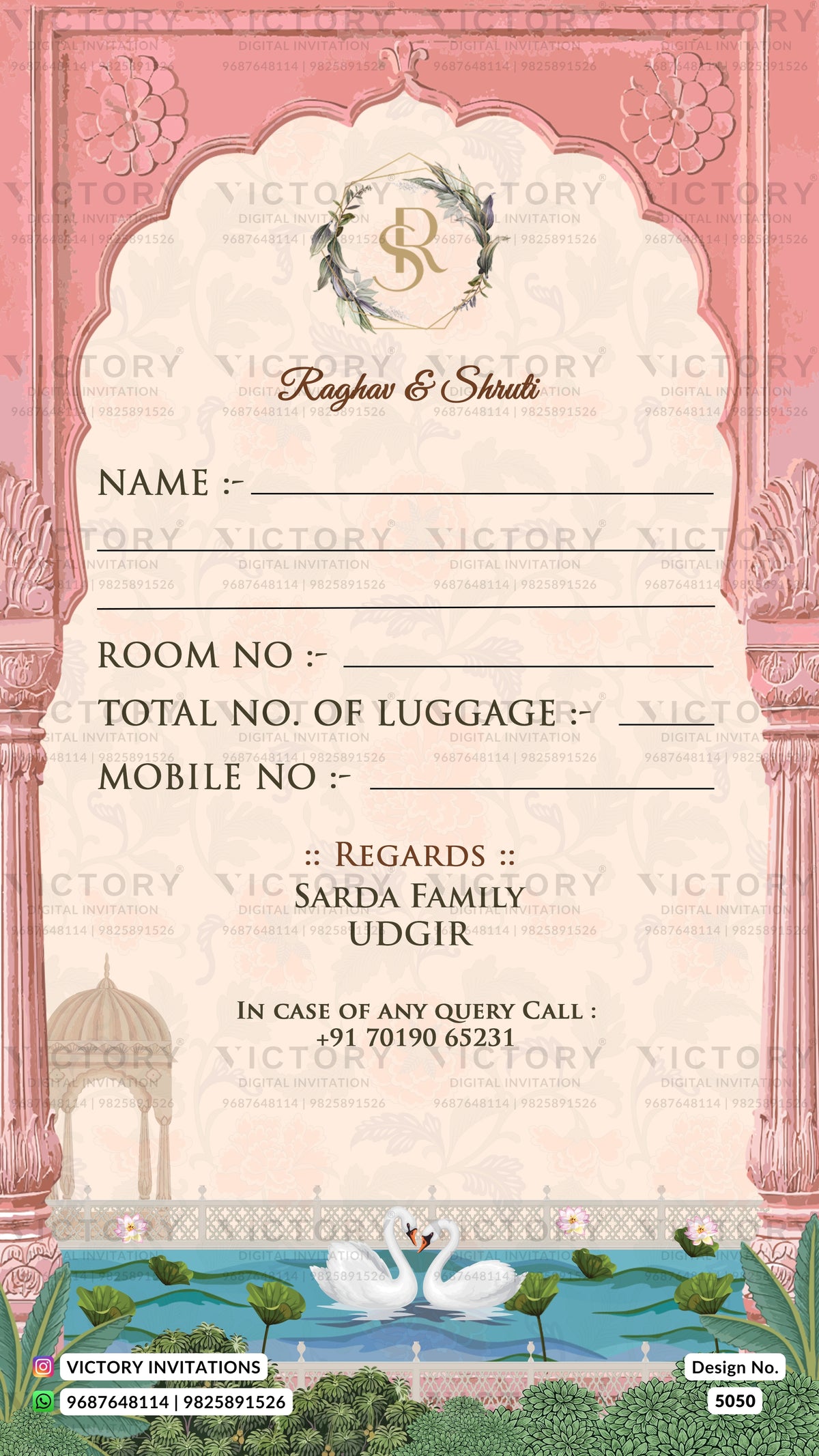 A pink and cream wedding invitation card with decorative arches, floral borders, and a garden illustration at the bottom. The card includes printed fields such as name, room number, total luggage, mobile number, and contact details, with the brand name Victory Invitations visible in the lower corners.