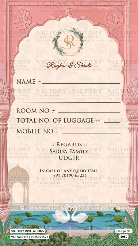 A pink and cream wedding invitation card with decorative arches, floral borders, and a garden illustration at the bottom. The card includes printed fields such as name, room number, total luggage, mobile number, and contact details, with the brand name Victory Invitations visible in the lower corners.