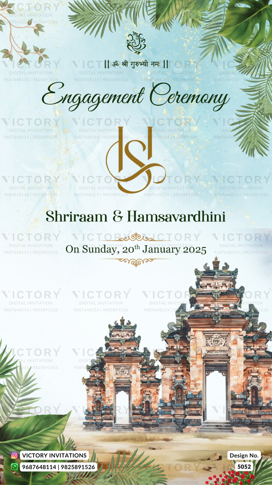 Engagement ceremony invitation card in english language with leaves, glitters as temple theme design 5052