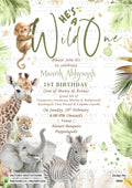 Birthday party invitation card for boy in english language with zebra, giraffe as forest theme design 5054