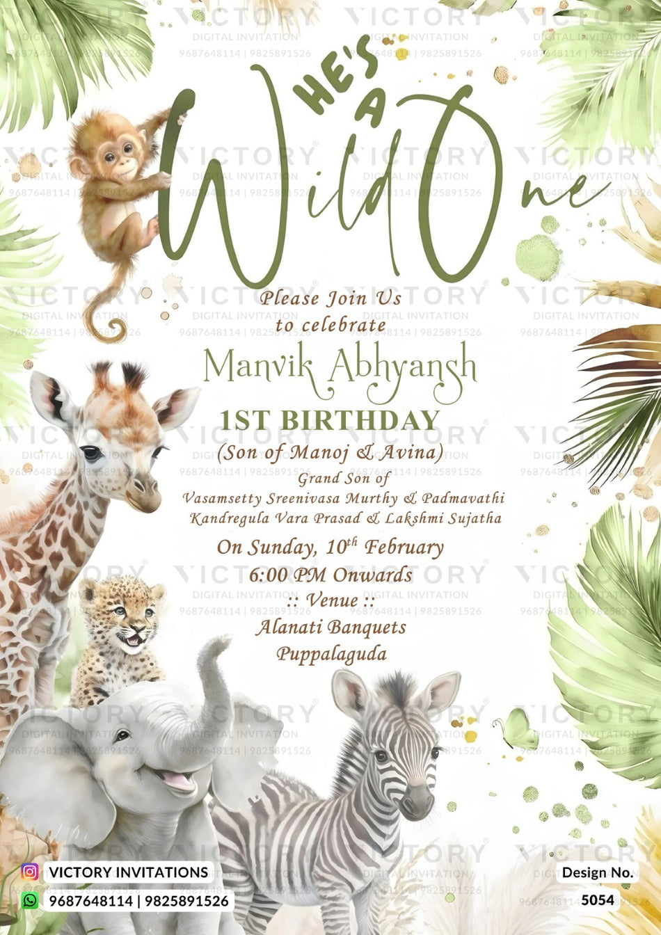 Birthday party invitation card for boy in english language with zebra, giraffe as forest theme design 5054