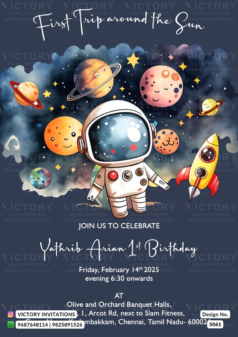 Birthday party invitation card for boy in english language with star, rocket as astronaut theme design 5061