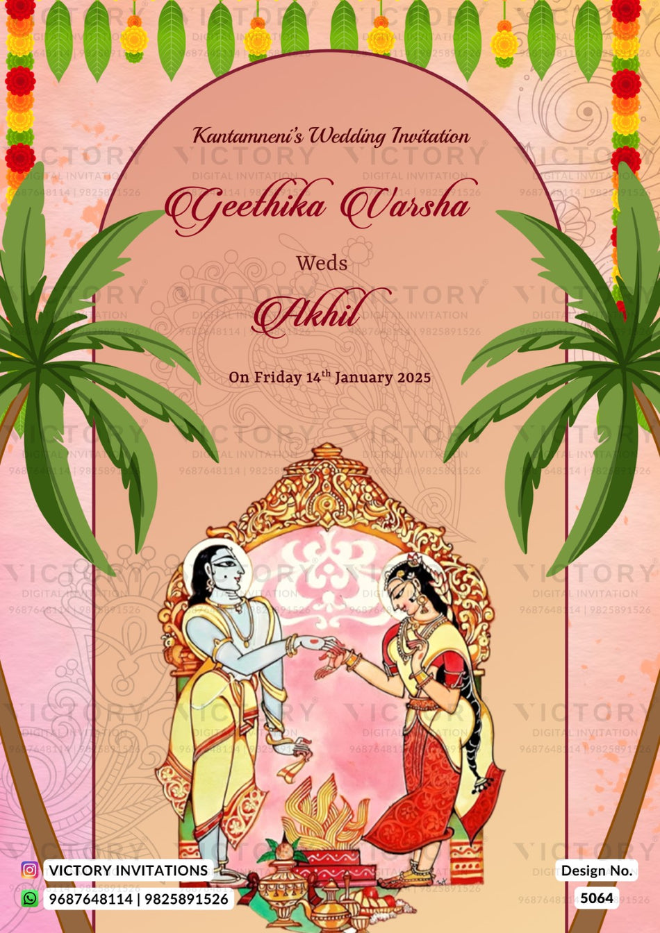 Wedding ceremony invitation card of Hindu south indian telugu family in english language with traditional theme design 5064