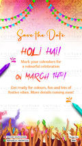 Save the Date holi card in english language with water gun, hand as colorful theme design 5066