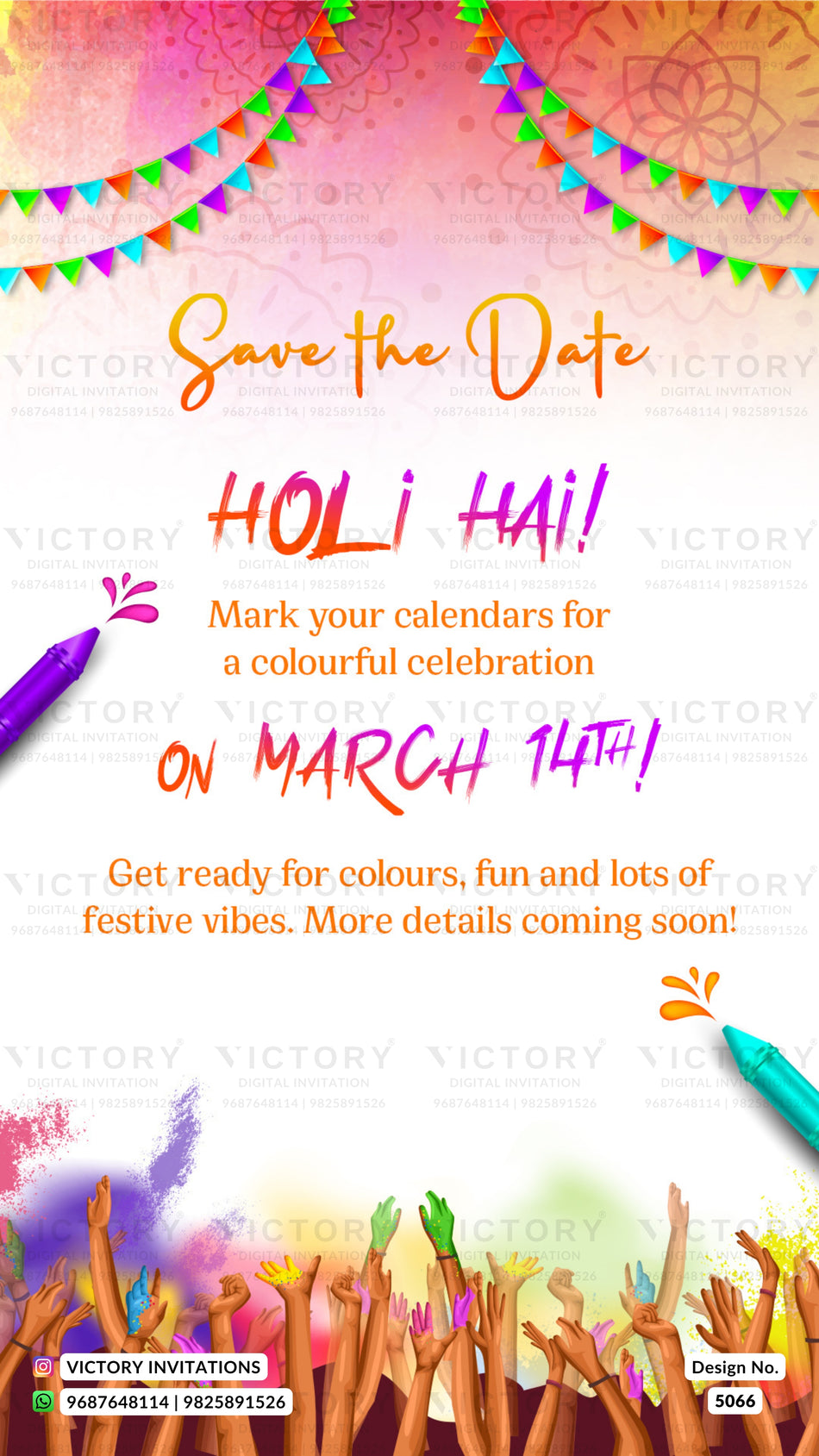 Save the Date holi card in english language with water gun, hand as colorful theme design 5066