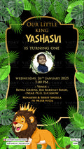 Birthday party invitation card for boy in english language with lion, leaves as forest theme design 5068
