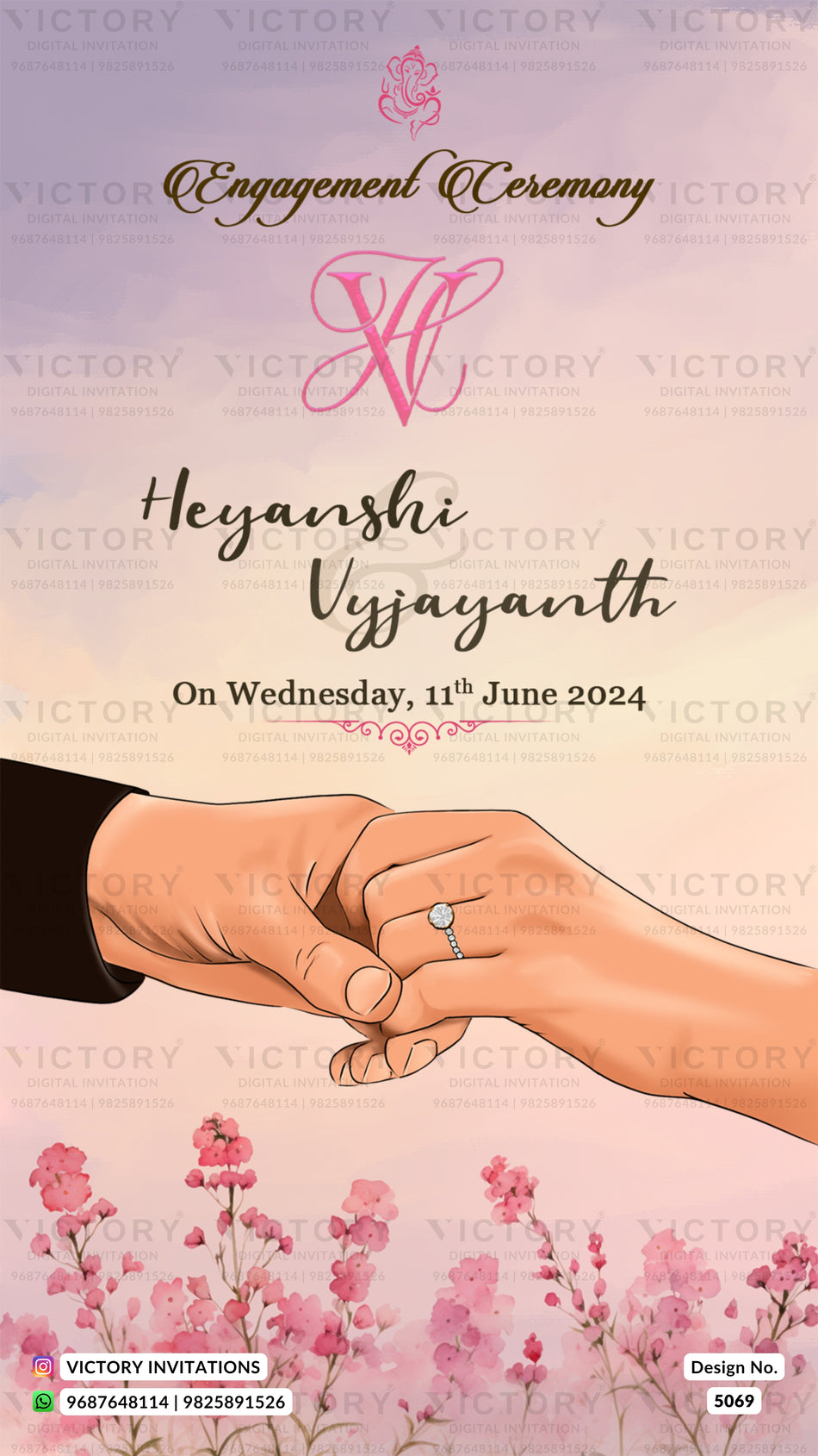 Engagement ceremony invitation card in english language with string light, fence as floral theme design 5069
