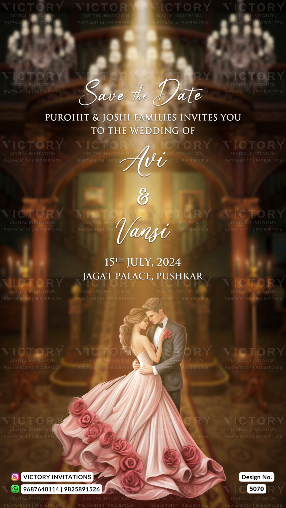 Save the Date card in english language with hanging, couple doodle as royal theme design 5070