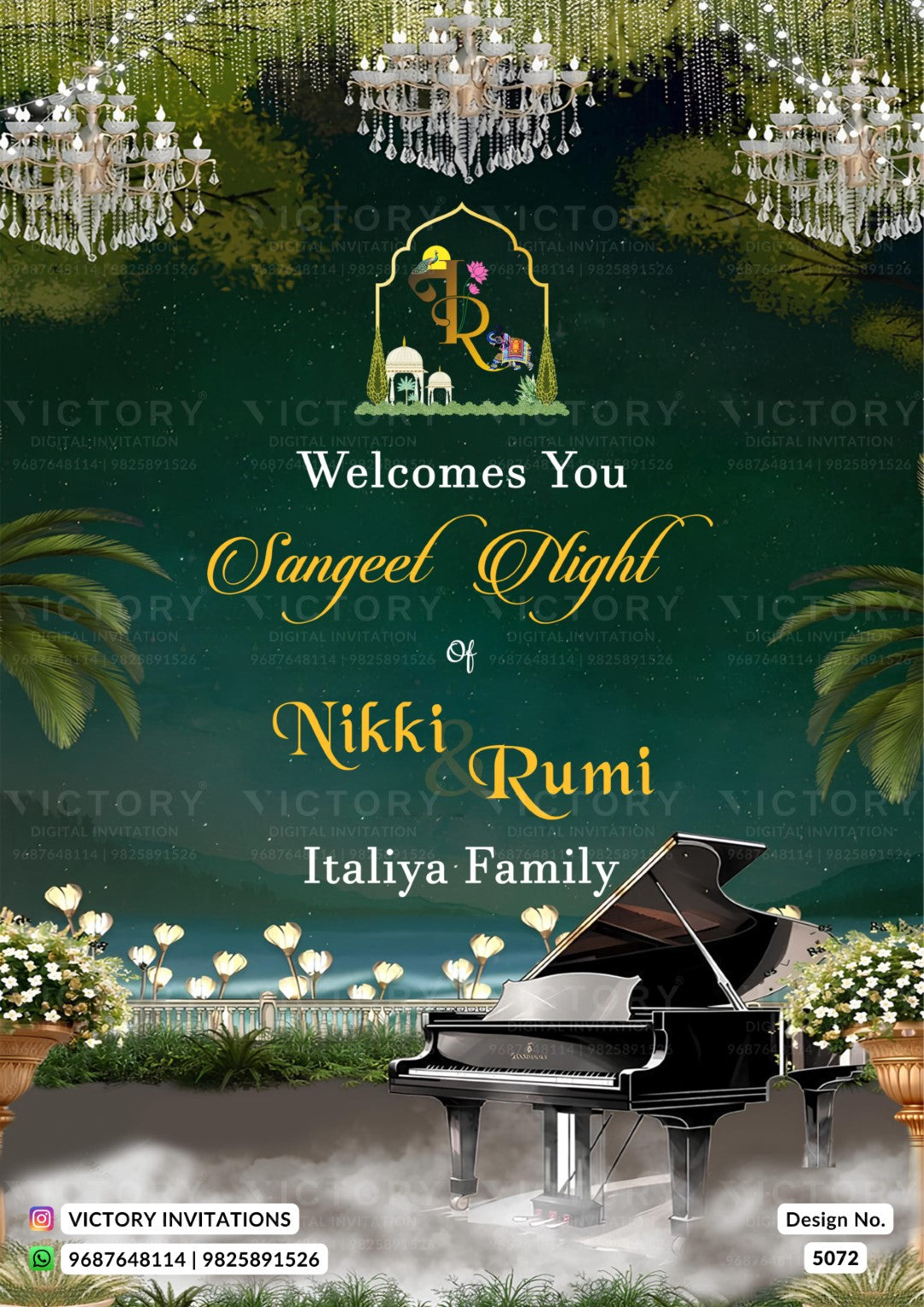 A digital invitation card design for a Sangeet Night event, featuring a black grand piano, hanging crystal chandeliers, and green foliage against a dark teal background. The text reads 'Welcomes You to Sangeet Night of Nikki Rumi Italiya Family' with a logo at the top center.