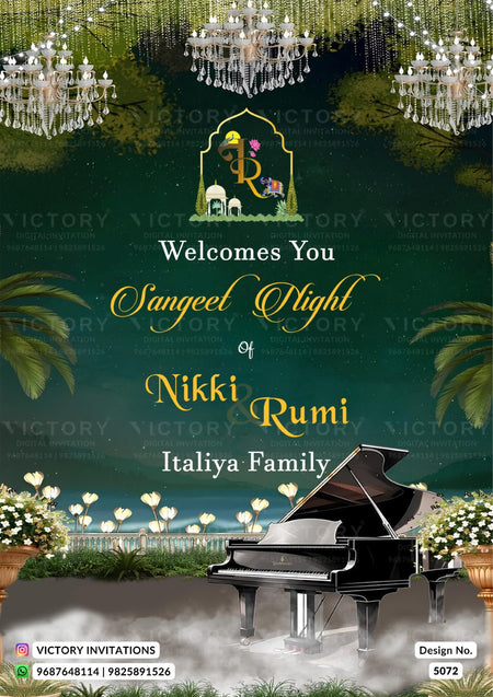 A digital invitation card design for a Sangeet Night event, featuring a black grand piano, hanging crystal chandeliers, and green foliage against a dark teal background. The text reads 'Welcomes You to Sangeet Night of Nikki Rumi Italiya Family' with a logo at the top center.