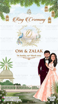 Traditional couple caricature invitation card for Chandla vidhi Engagement ceremony in gujarati language with couple name logo, flowers as floral theme design 5074