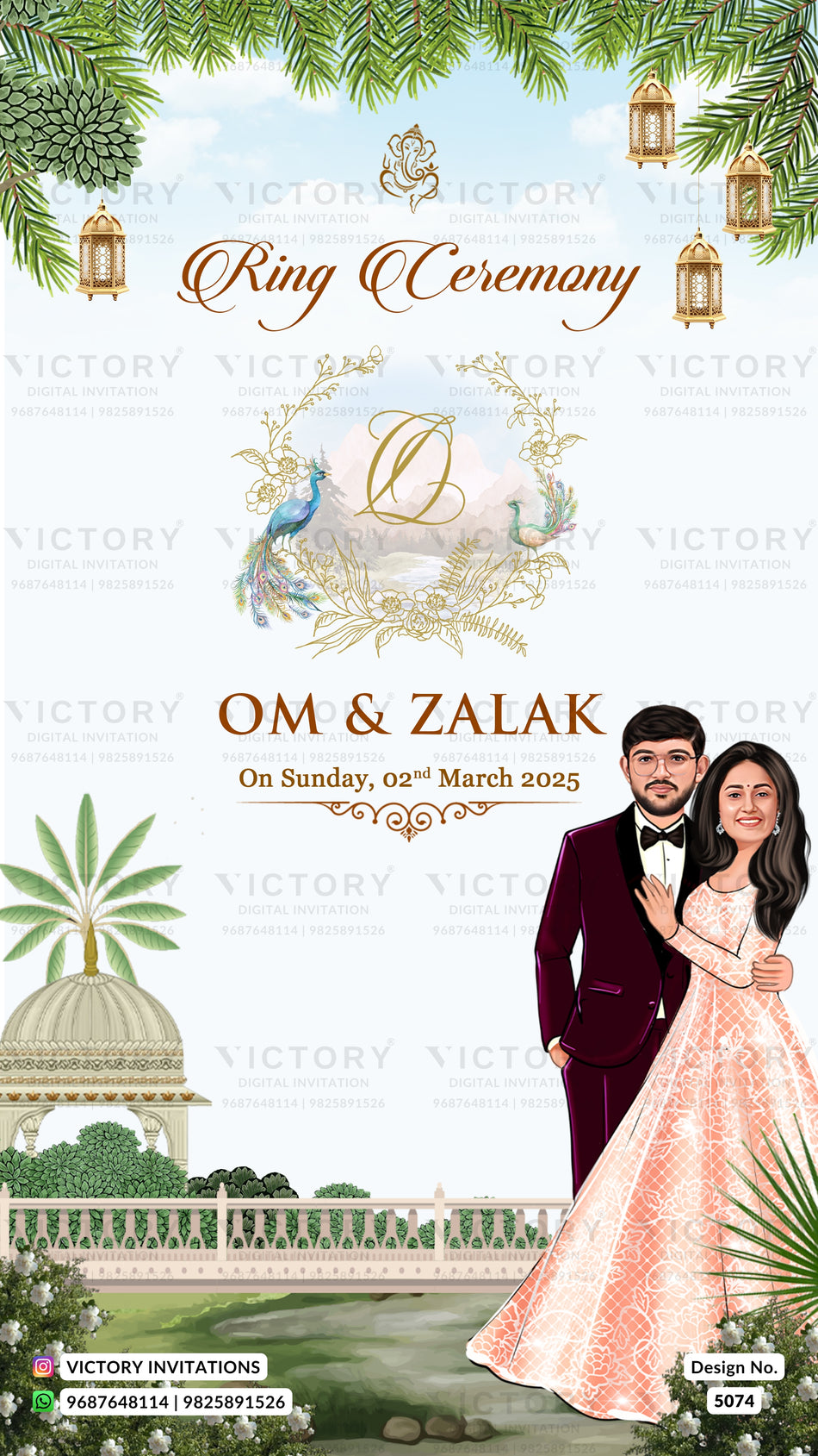 A digital invitation card design for a ring ceremony featuring an illustrated couple, a groom in a dark maroon suit and a bride in a light pink gown, set against a light blue sky background with decorative green foliage, hanging lanterns, and a domed pavilion. The text reads 'Ring Ceremony' and 'OM & ZALAK On Sunday, 02nd March 2025'.