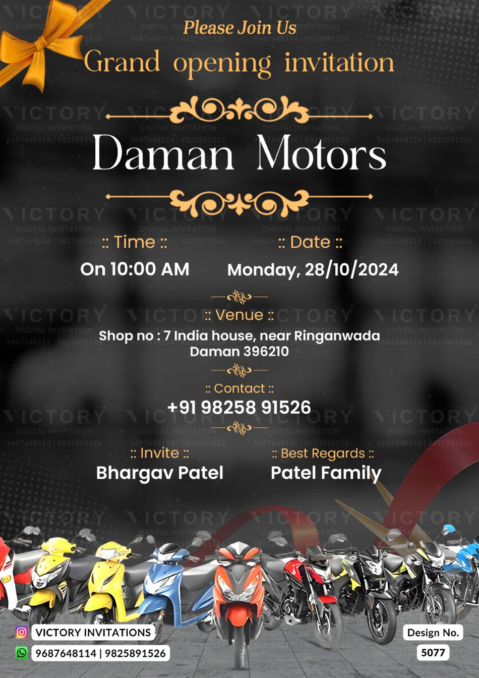 Opening invitation card in english language with bike, baw as minimalistic theme design 5077
