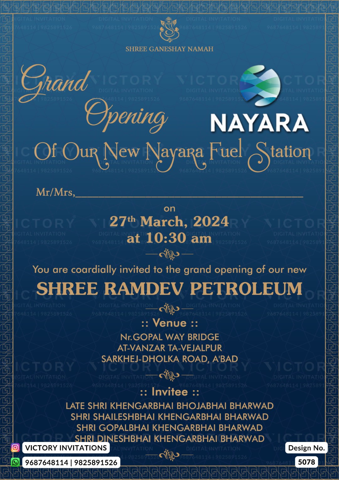 A blue and gold invitation card for the grand opening of Shree Ramdev Petroleum (Nayara Fuel Station), dated 27th March, 2024, with venue details and contact information for Victory Invitations.