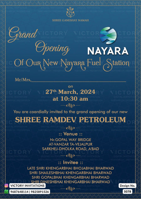 A blue and gold invitation card for the grand opening of Shree Ramdev Petroleum (Nayara Fuel Station), dated 27th March, 2024, with venue details and contact information for Victory Invitations.