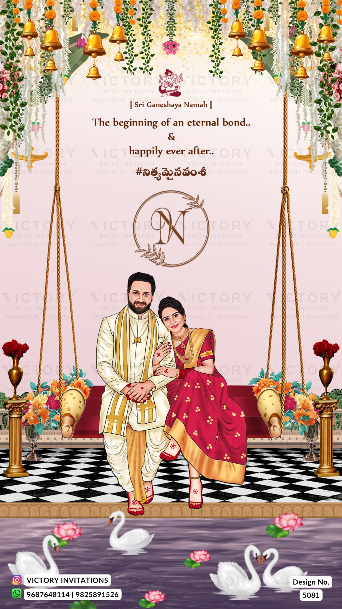 A decorative wedding invitation design featuring a couple seated on a red swing bridge over a black-and-white checkered floor, with hanging bells, flowers, swans, and elegant text. The design includes the text 'Sri Ganeshay Namah' and 'The beginning of an eternal bond.