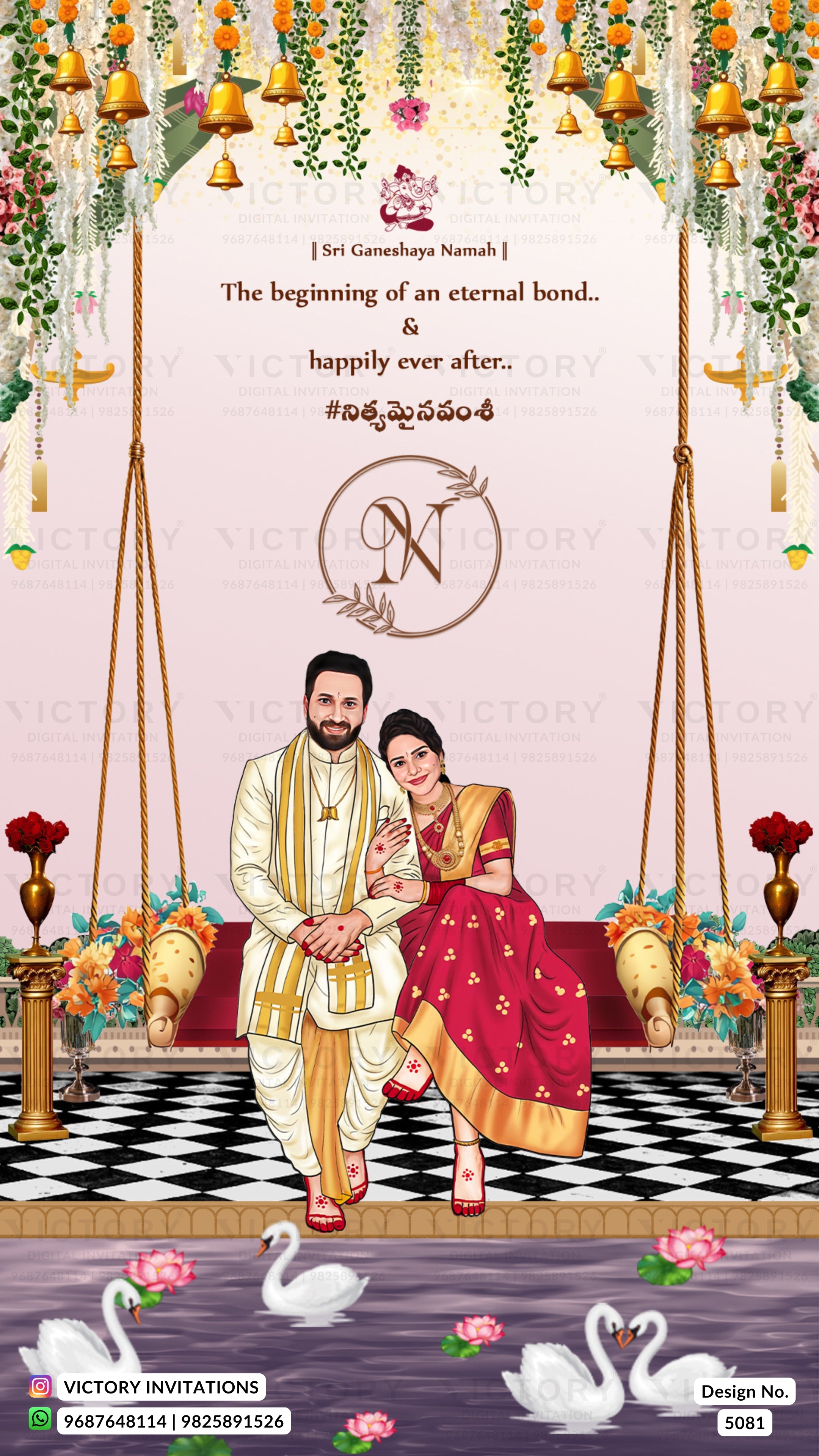 A decorative wedding invitation design featuring a couple seated on a red swing bridge over a black-and-white checkered floor, with hanging bells, flowers, swans, and elegant text. The design includes the text 'Sri Ganeshay Namah' and 'The beginning of an eternal bond.