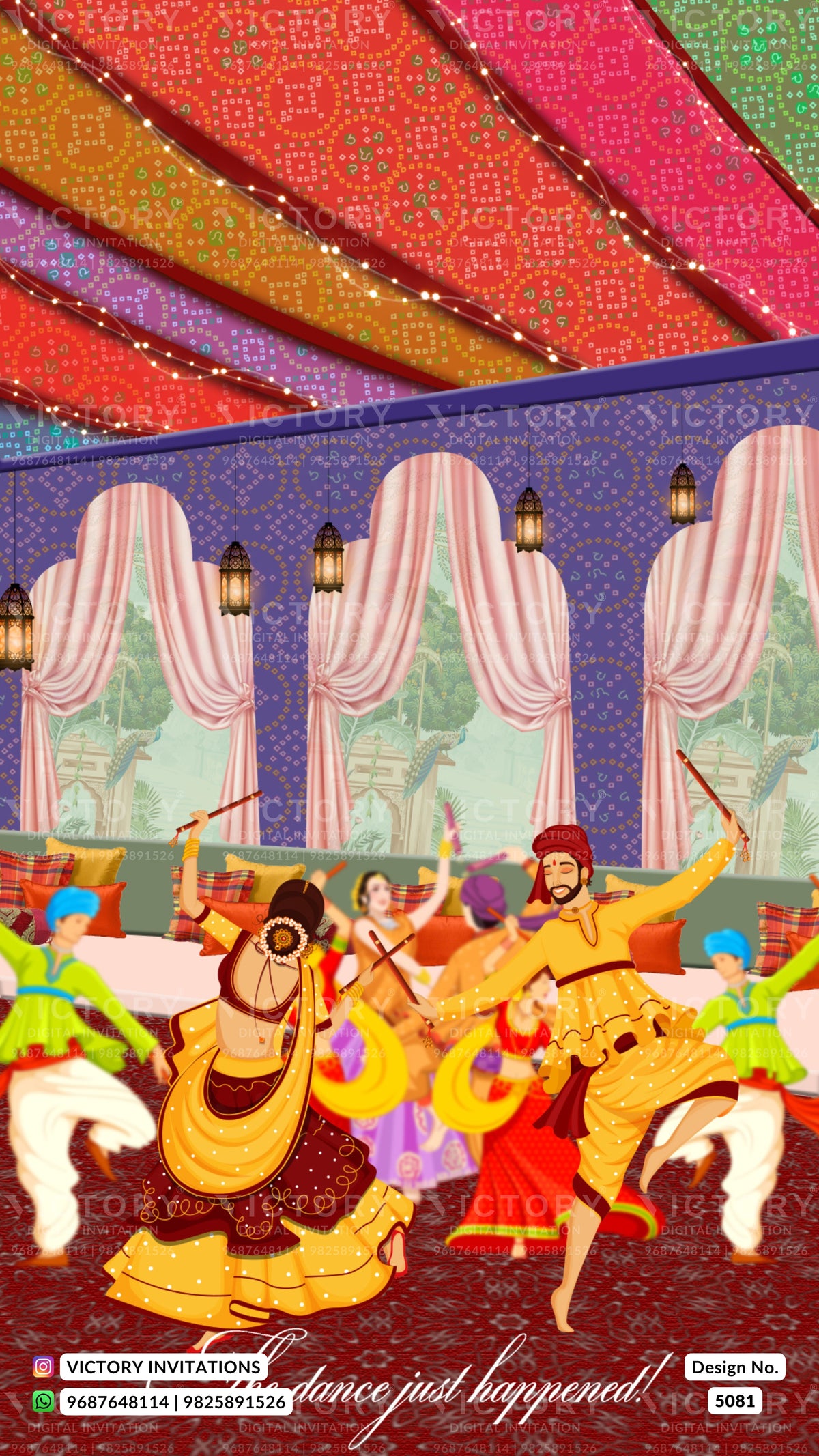 A colorful traditional Indian dance performance illustration inside a decorated tent or hall, with multiple dancers in bright costumes under a patterned multicolored canopy. Watermarks and text at the bottom read Victory Invitations and 'Dance just happened!'.