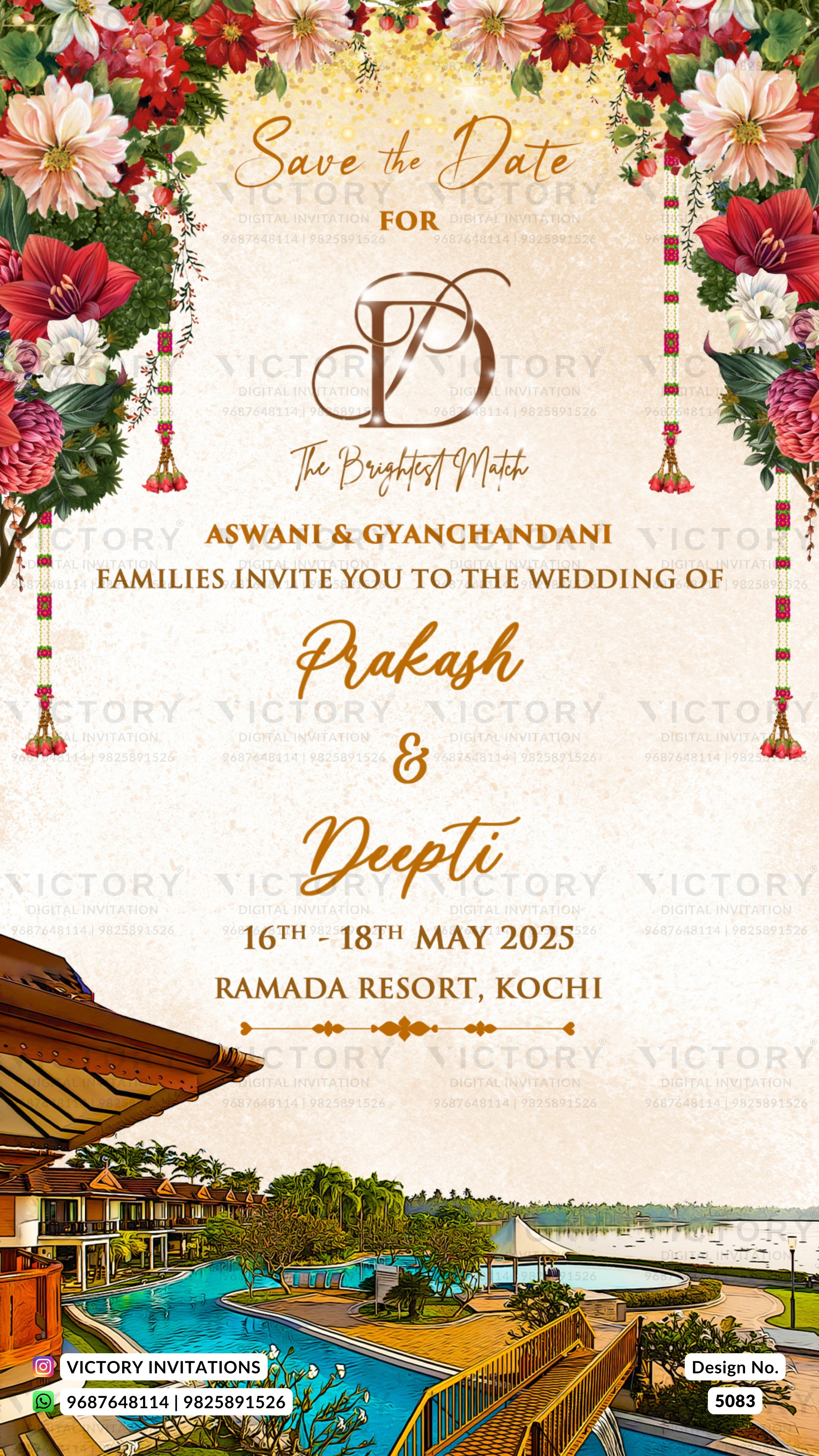 Wedding save the date card design with floral borders, elegant gold typography, and resort imagery at the bottom. The card reads 'Save the Date For Aswani & Gyanchandani Families Invite You to the Wedding of Prakash & Deepki, 16th - 18th May 2025, Ramda Resort, Kochi.
