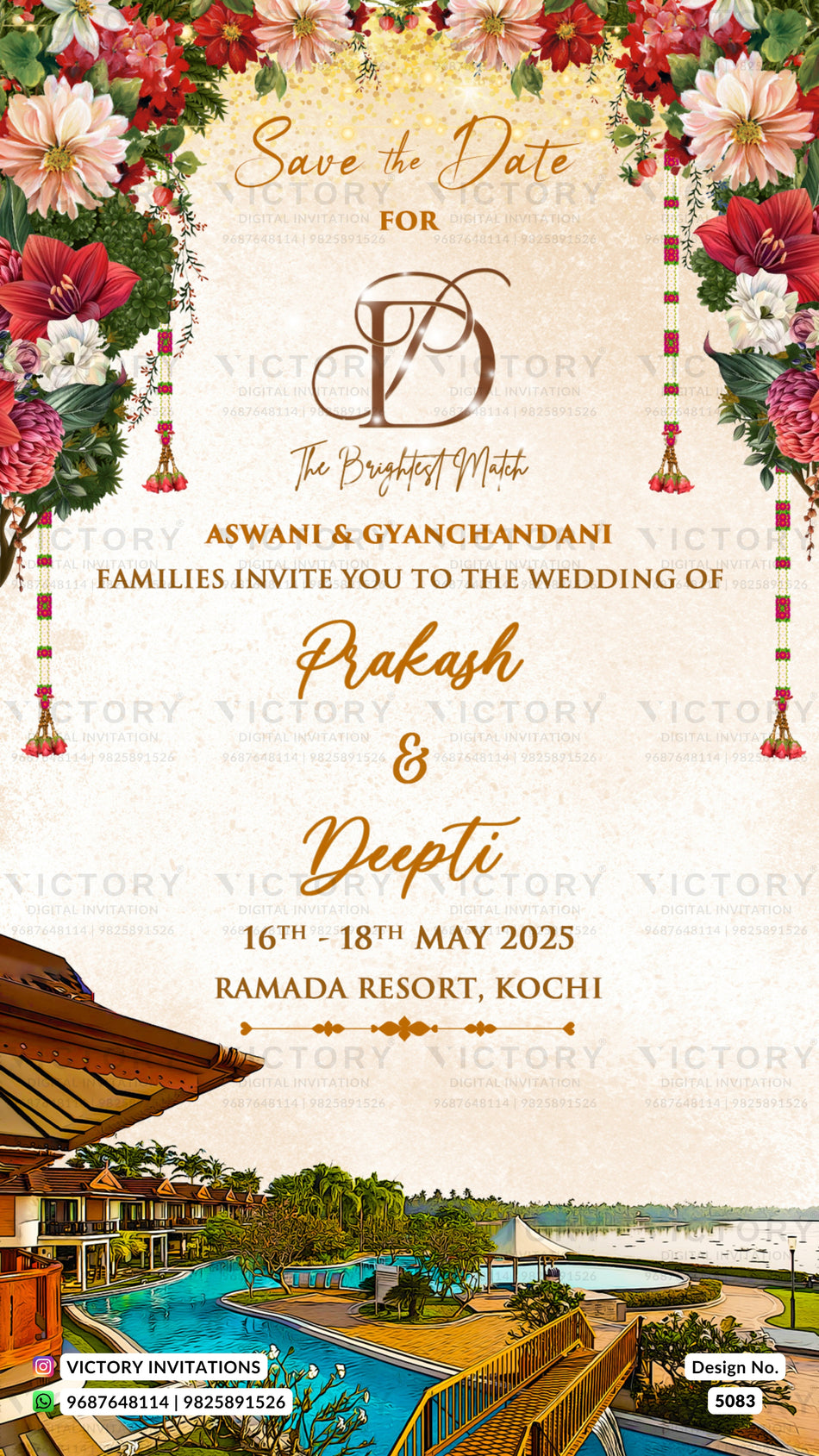 Wedding save the date card design with floral borders, elegant gold typography, and resort imagery at the bottom. The card reads 'Save the Date For Aswani & Gyanchandani Families Invite You to the Wedding of Prakash & Deepki, 16th - 18th May 2025, Ramda Resort, Kochi.