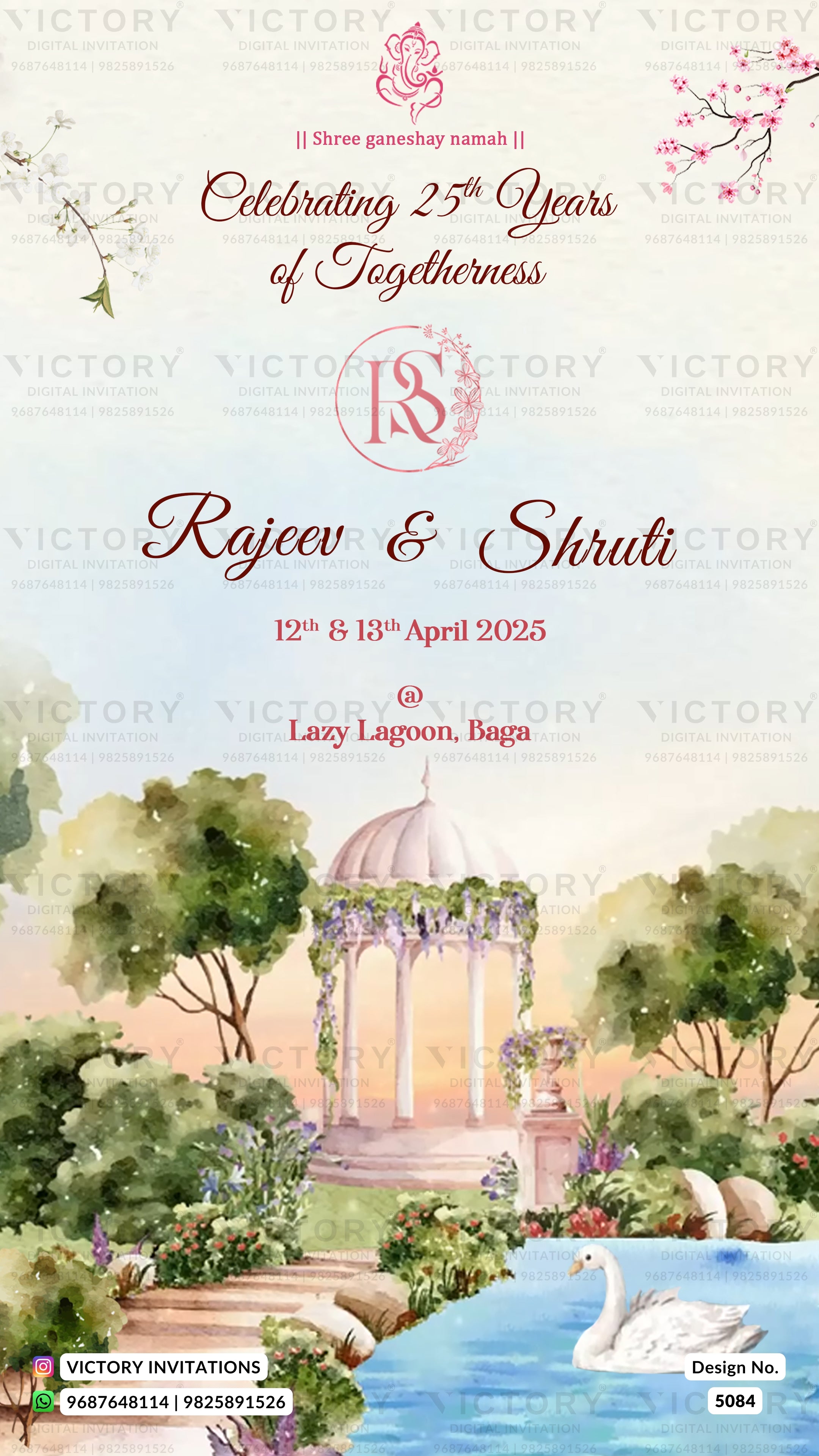 A 25th wedding anniversary invitation card featuring a watercolor illustration of a garden gazebo, swans in a lake, and blooming trees. The text reads 'Celebrating 25 Years of Togetherness' and names Rajeev & Shruti with the date and venue 'Lazy Lagoon, Bagua'.
