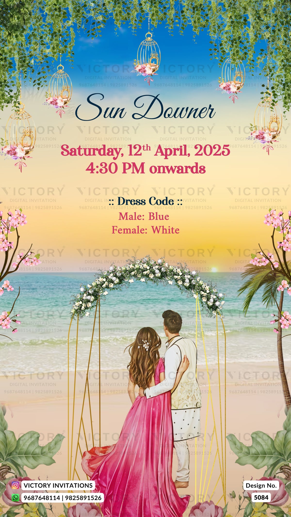 A digital wedding invitation card design for 'Sun Downers' featuring a tropical beach scene with a couple under a floral arch, a pink gown, and a sunset sky, with event details printed in the center.