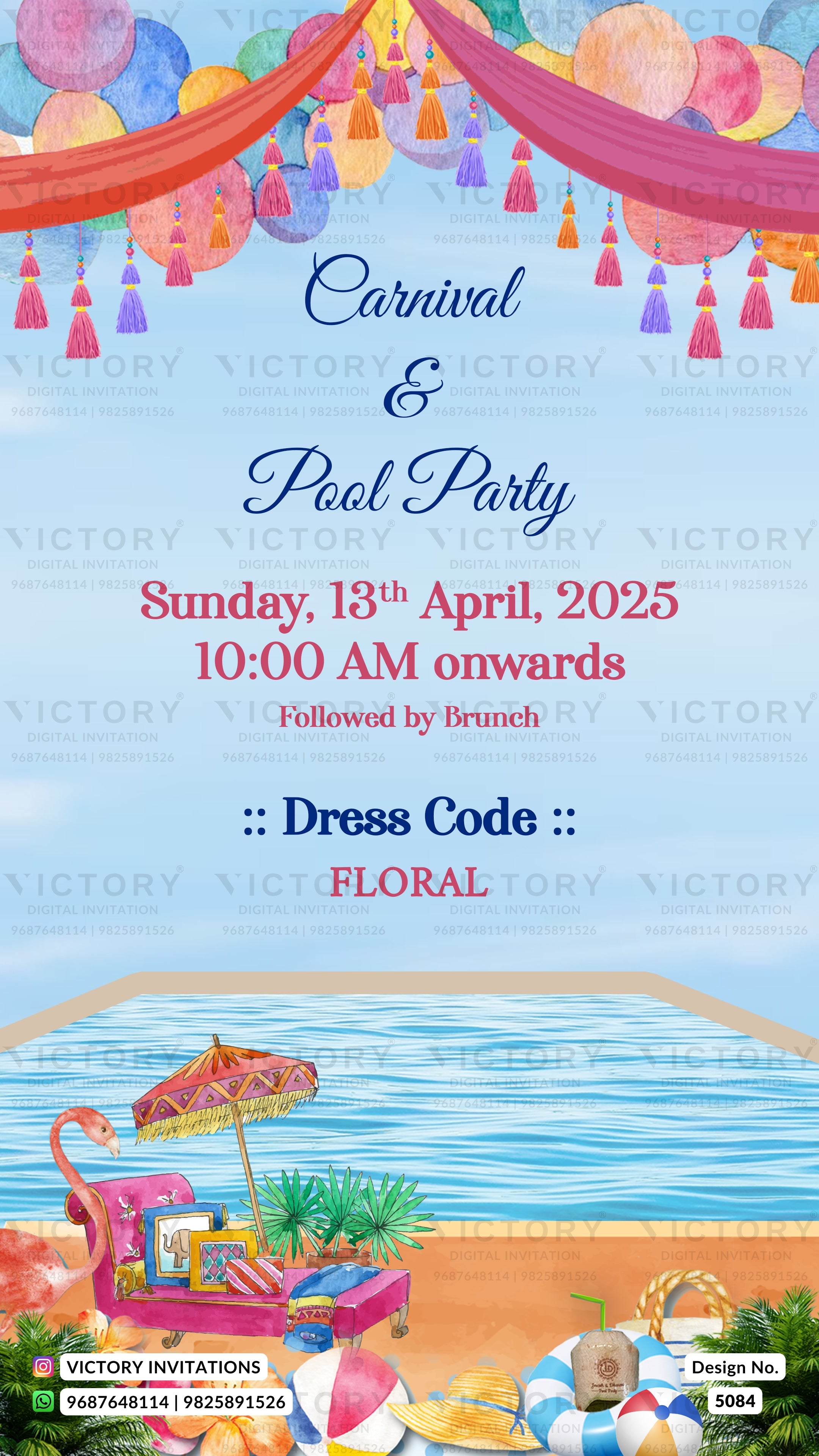 A digital invitation card design for a 'Carnival & Pool Party' with a light blue sky and ocean background, decorated with colorful balloons, streamers, and beach-themed illustrations at the bottom. The text details the event date, time, and dress code as 'FLORAL'.