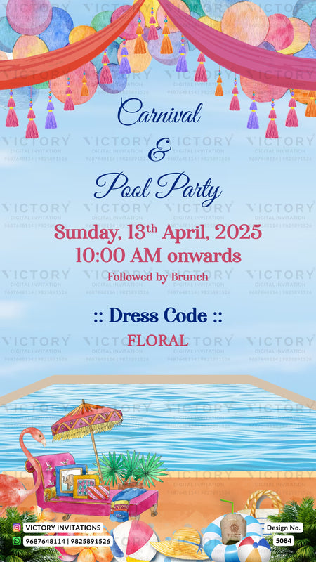 A digital invitation card design for a 'Carnival & Pool Party' with a light blue sky and ocean background, decorated with colorful balloons, streamers, and beach-themed illustrations at the bottom. The text details the event date, time, and dress code as 'FLORAL'.