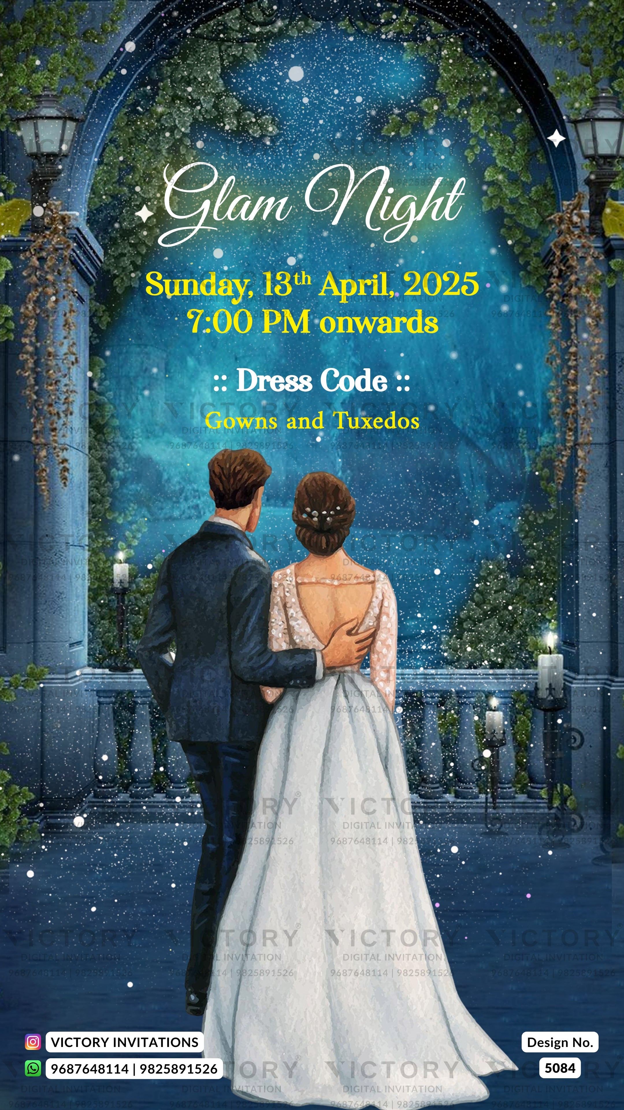 A digital invitation design for a 'Glam Night' event on Sunday, 18th April 2025, featuring an illustration of a couple under a starry night sky framed by an archway. The text specifies 'Dress Code: Gowns and Tuxedos' and 'Time: 7:00 PM onwards'.