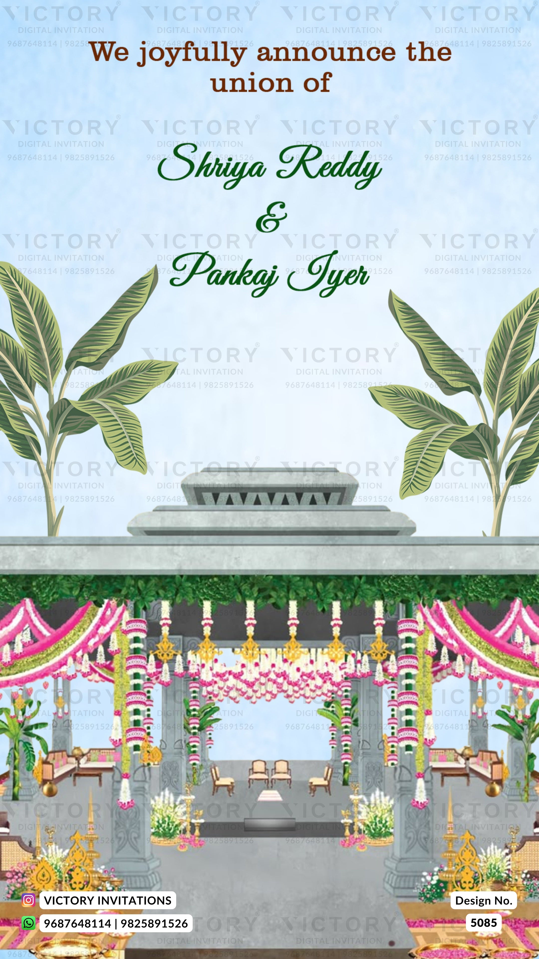 A digital invitation card for an event, featuring a light blue sky background with the text 'We joyfully announce the union of Shriya Reddy & Pankaj Iyer' in green and brown fonts. The lower half is a detailed illustration of a traditional Indian wedding mandapa decorated with pink and white floral arches, hanging lamps, and green palm leaves.