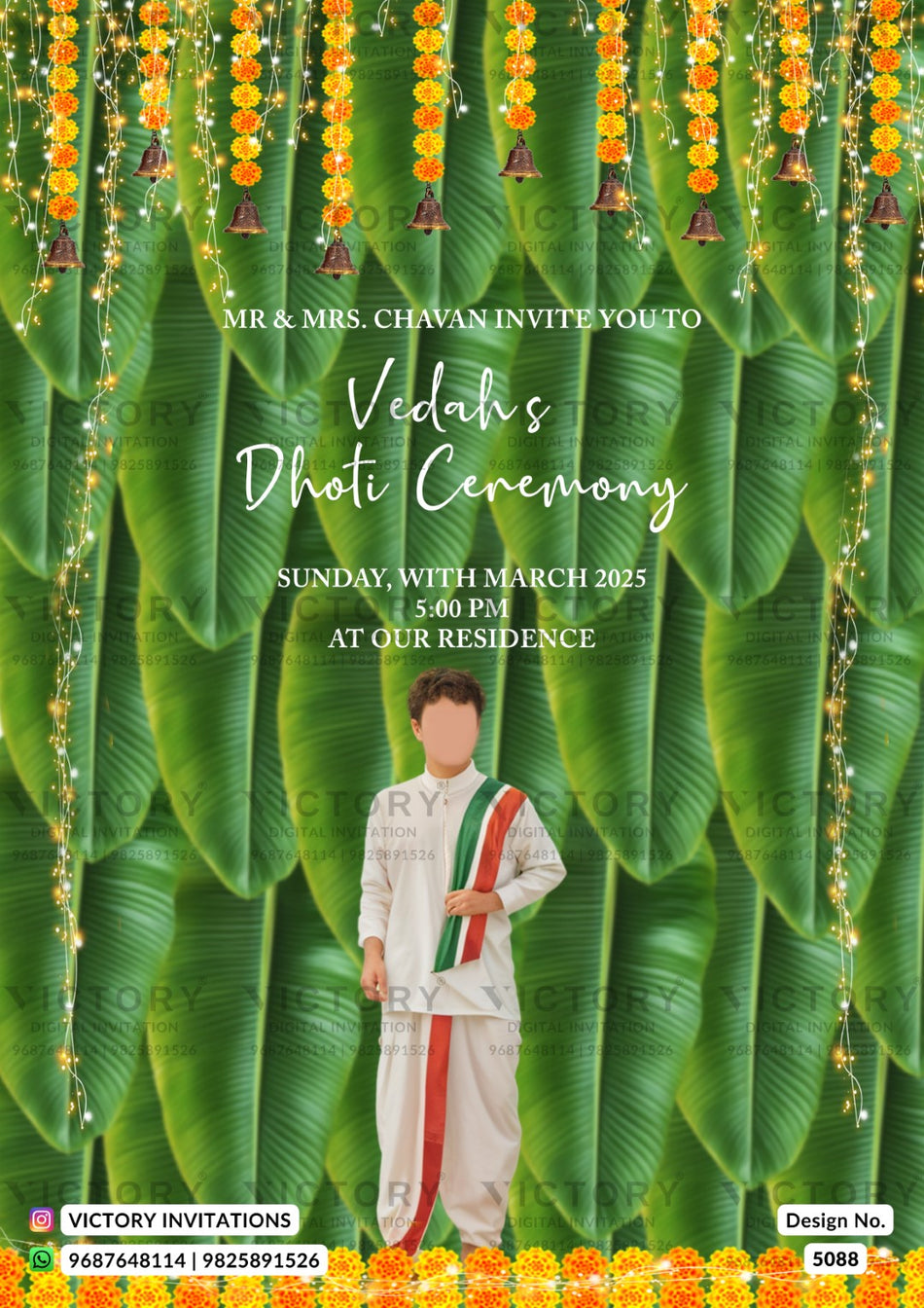 Dhoti ceremony invitation card in english language with bells, boy doodle as floral theme design 5088