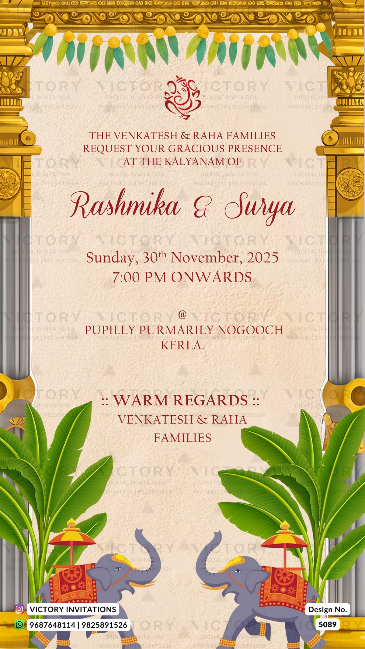 A festive Indian wedding invitation card featuring ornate golden pillars, green garlands, elephant illustrations with decorated umbrellas, and elegant red and black text on a cream background.