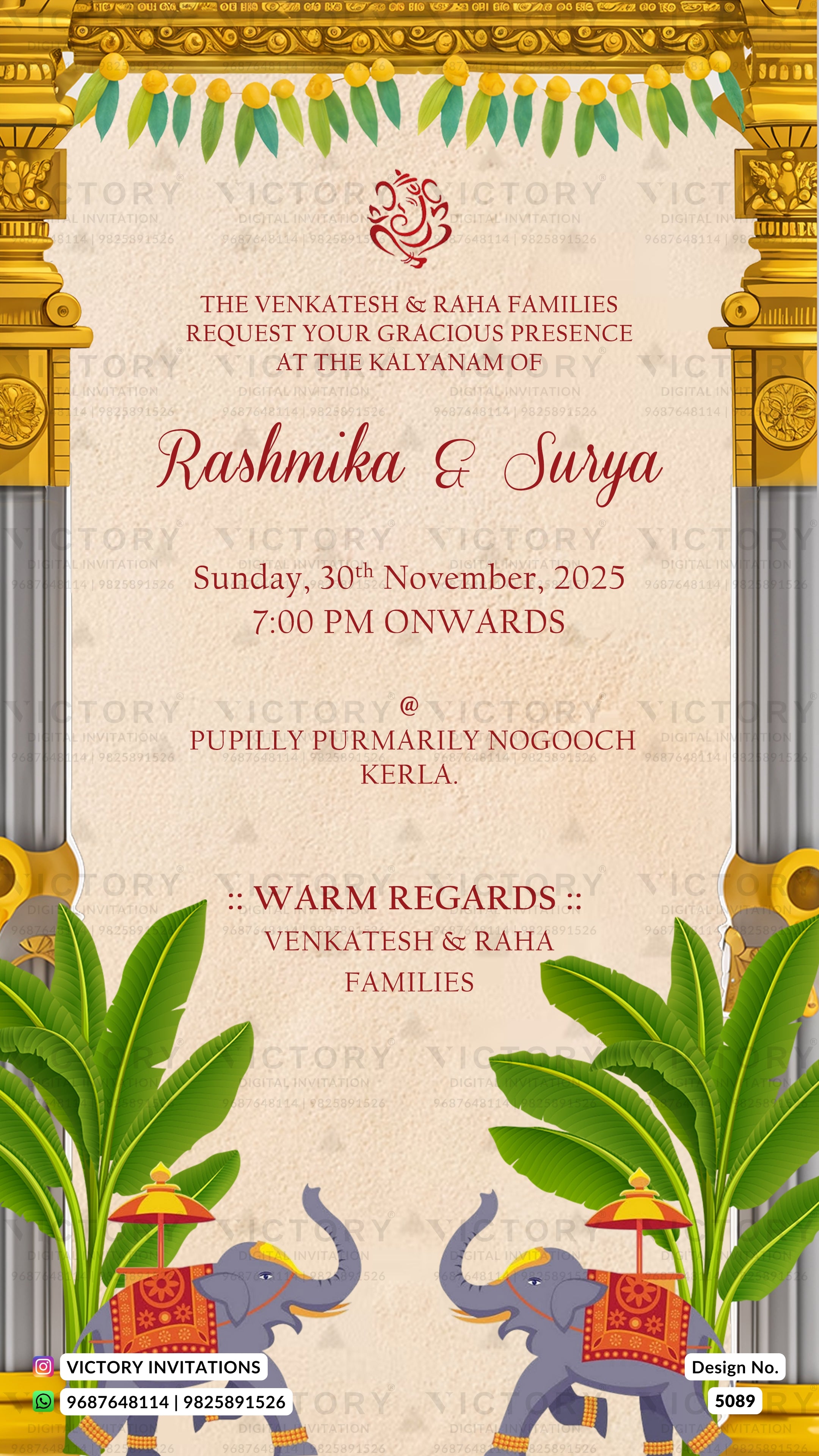 A festive Indian wedding invitation card featuring ornate golden pillars, green garlands, elephant illustrations with decorated umbrellas, and elegant red and black text on a cream background.