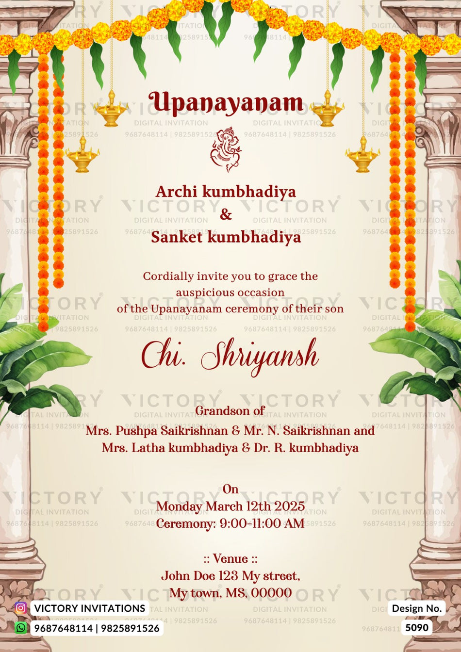Upnayanam ceremony invitation card in english language with pillar, diya as traditional theme design 5090