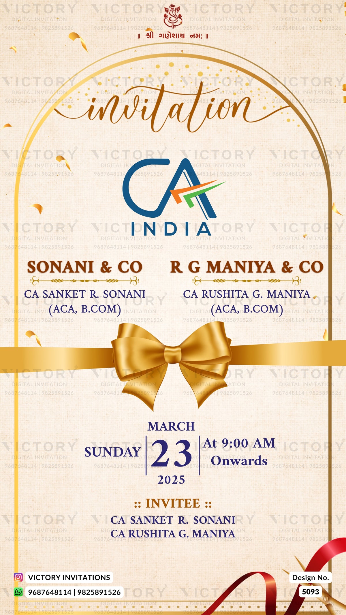 Digital event invitation template for CA India, featuring a cream-colored background with gold arches, a large gold ribbon and bow graphic, and elegant gold script text reading 'invitation'. The design includes event details for Sonani & Co and RG Maniya & Co, scheduled for March 23, 2025, at 9:00 AM.