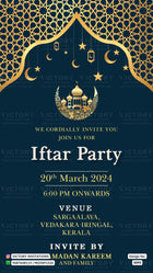 Islamic Iftar party invitation card with a dark navy blue background, gold crescent moon and star patterns, and white and gold text detailing the event date, time, and venue.