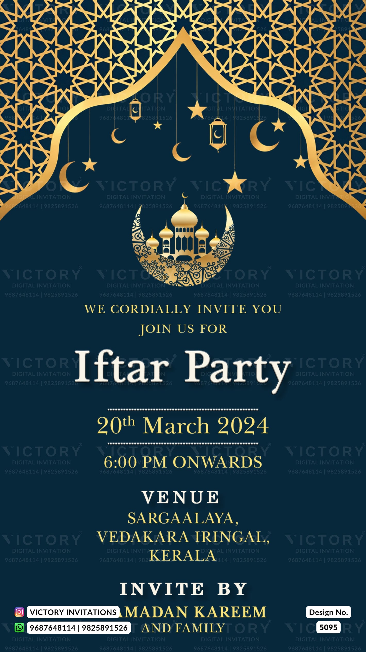 Islamic Iftar party invitation card with a dark navy blue background, gold crescent moon and star patterns, and white and gold text detailing the event date, time, and venue.