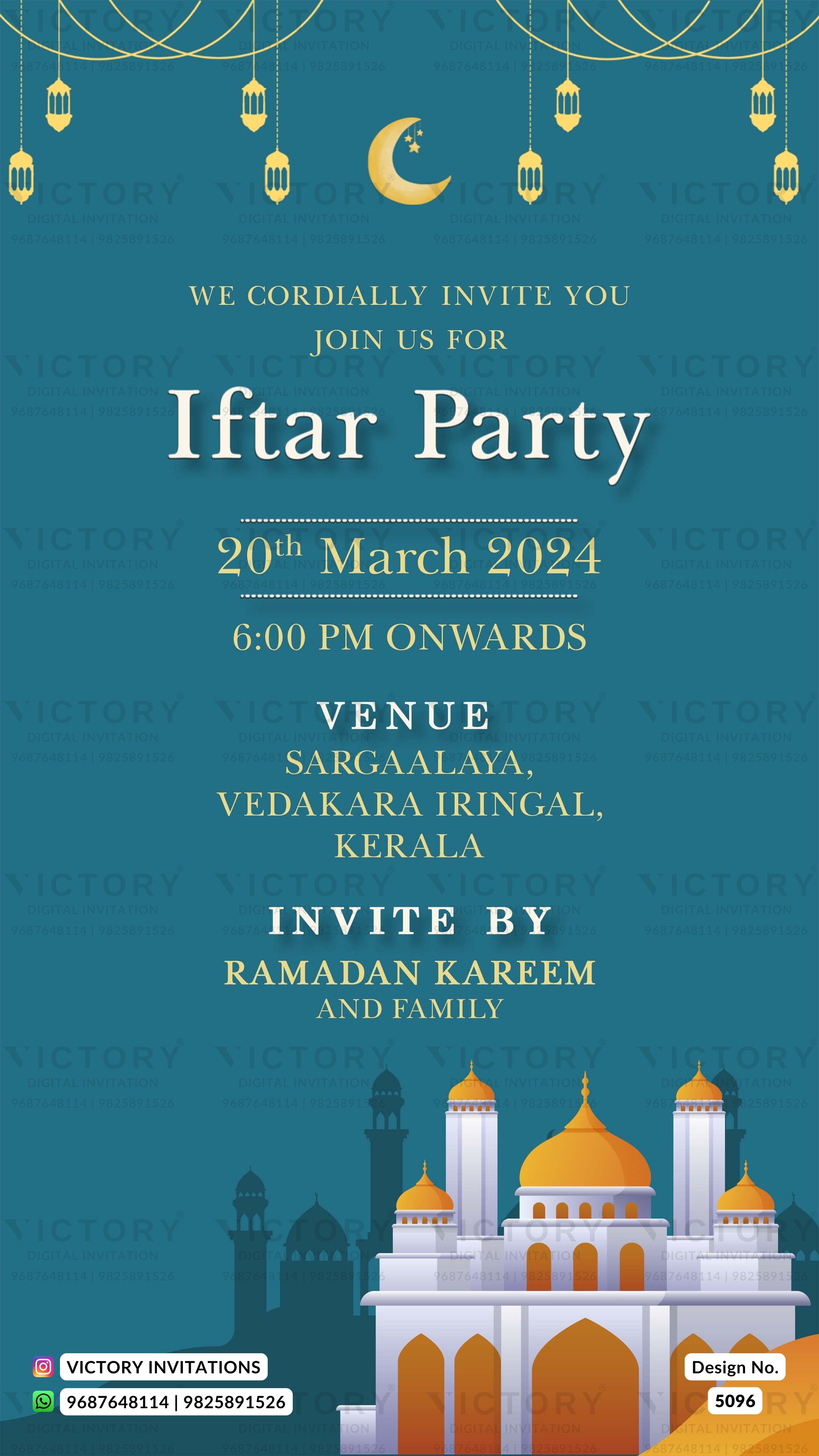 Islamic Ramadan Iftar party invitation card with a teal background, gold hanging lanterns, a crescent moon, and an illustration of a mosque at the bottom. Text reads: 'We cordially invite you join us for Iftar Party, 20th March 2024, 6:00 PM onwards, Venue Sargaalaya, Vedakara Inringal, Kerala, Invite by Ramadan Kareem and Family.