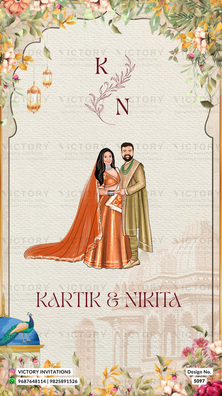 A digital preview of a custom wedding invitation card featuring an illustration of a bride in an orange saree and a groom in a green kurta, framed by floral borders and hanging lanterns, with the names 'Kartik & Nirita' and monogram 'KN'.