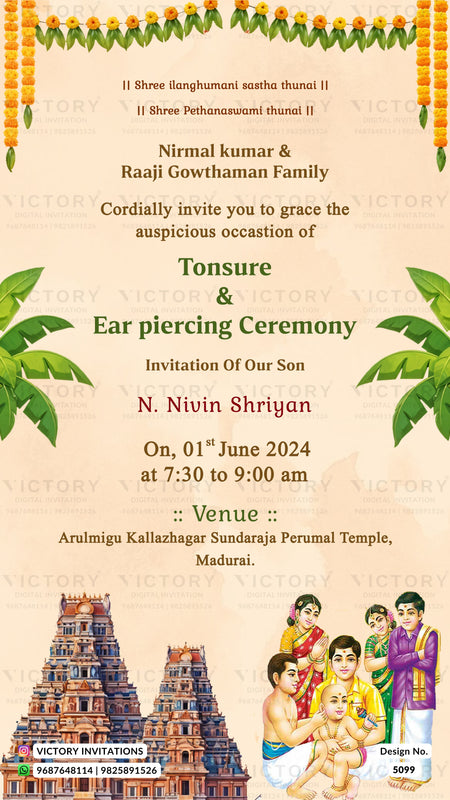 A digital invitation card for a Tonsure and Ear Piercing ceremony of Nivin Shriyan, featuring a beige background with traditional Indian motifs, including a temple illustration, a family illustration, and decorative garlands.