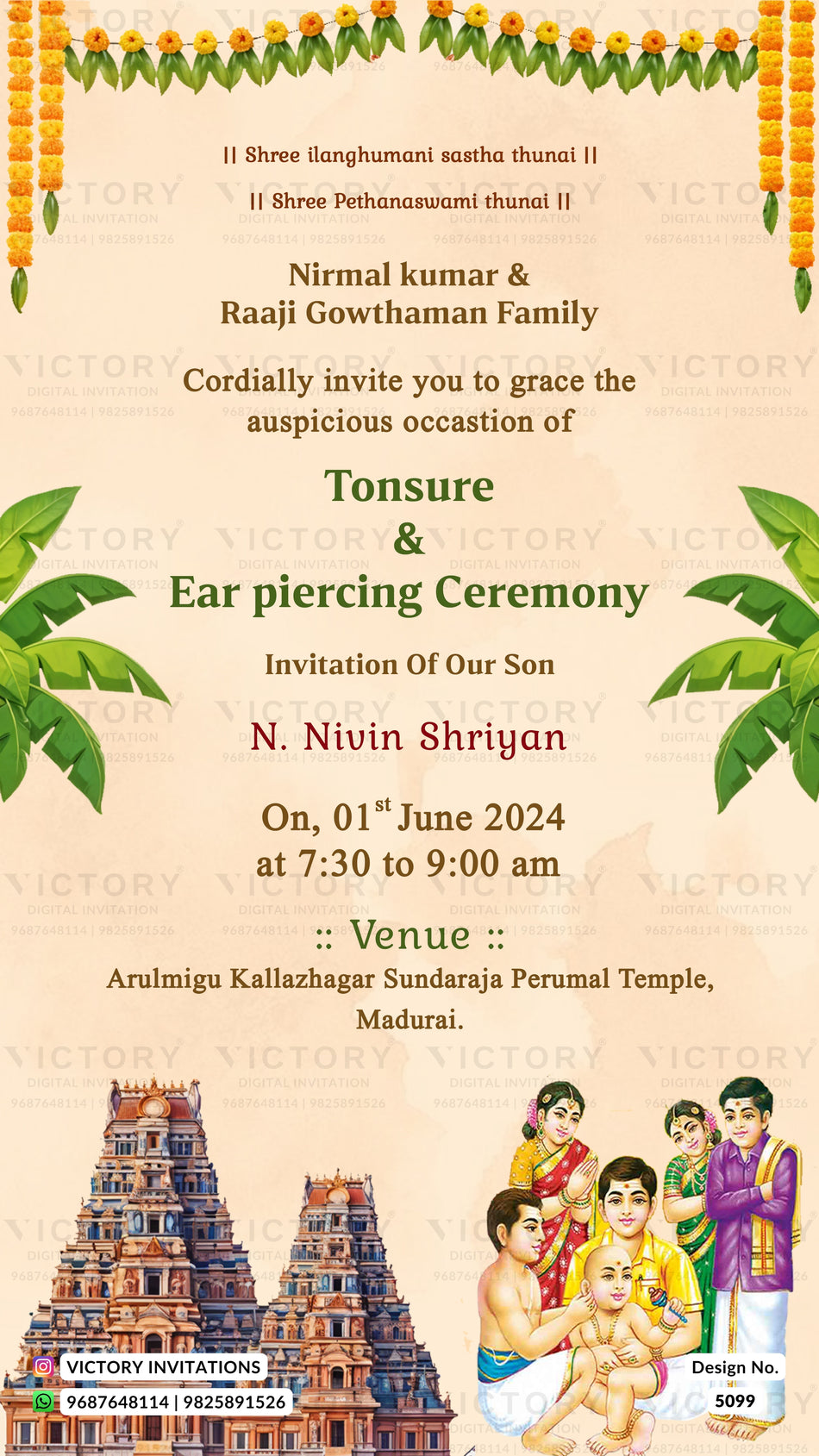 A digital invitation card for a Tonsure and Ear Piercing ceremony of Nivin Shriyan, featuring a beige background with traditional Indian motifs, including a temple illustration, a family illustration, and decorative garlands.