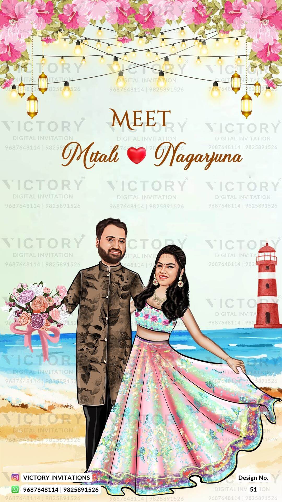 Dancing couple caricature invitation card for wedding ceremony of hindu south indian telugu family in english language with Beach love story theme design 51