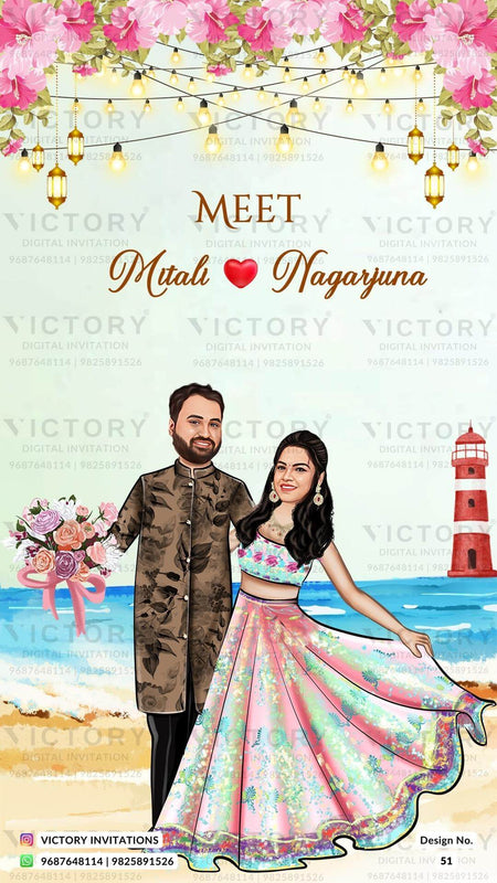 Dancing couple caricature invitation card for wedding ceremony of hindu south indian telugu family in english language with Beach love story theme design 51