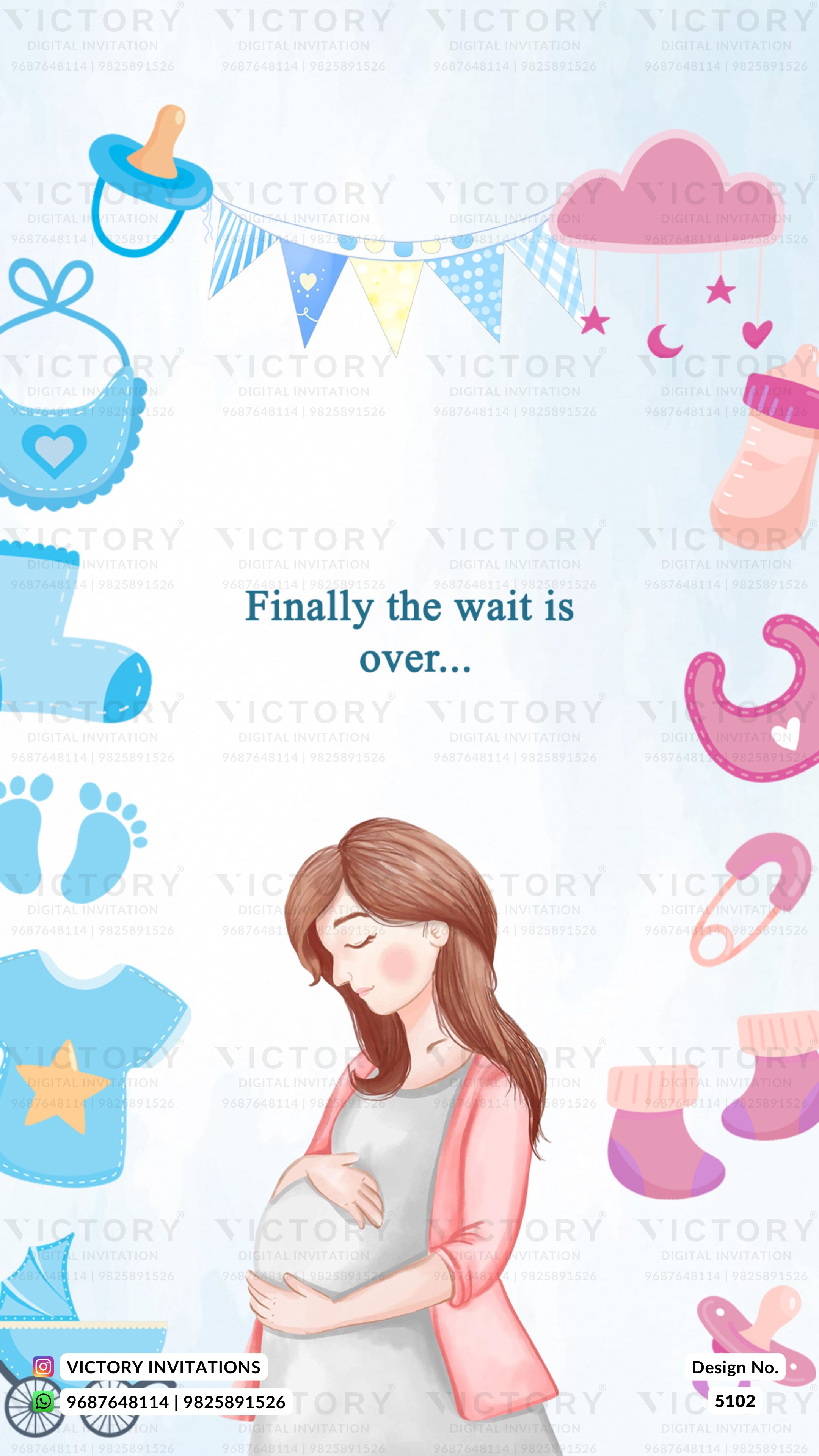 Baby shower invitation card design with a light blue background, watermarked with 'VICTORY'. The card features a central illustration of a pregnant woman holding her baby bump, surrounded by pastel-colored baby-themed icons such as a pacifier, cloud, booties, socks, and bunting.