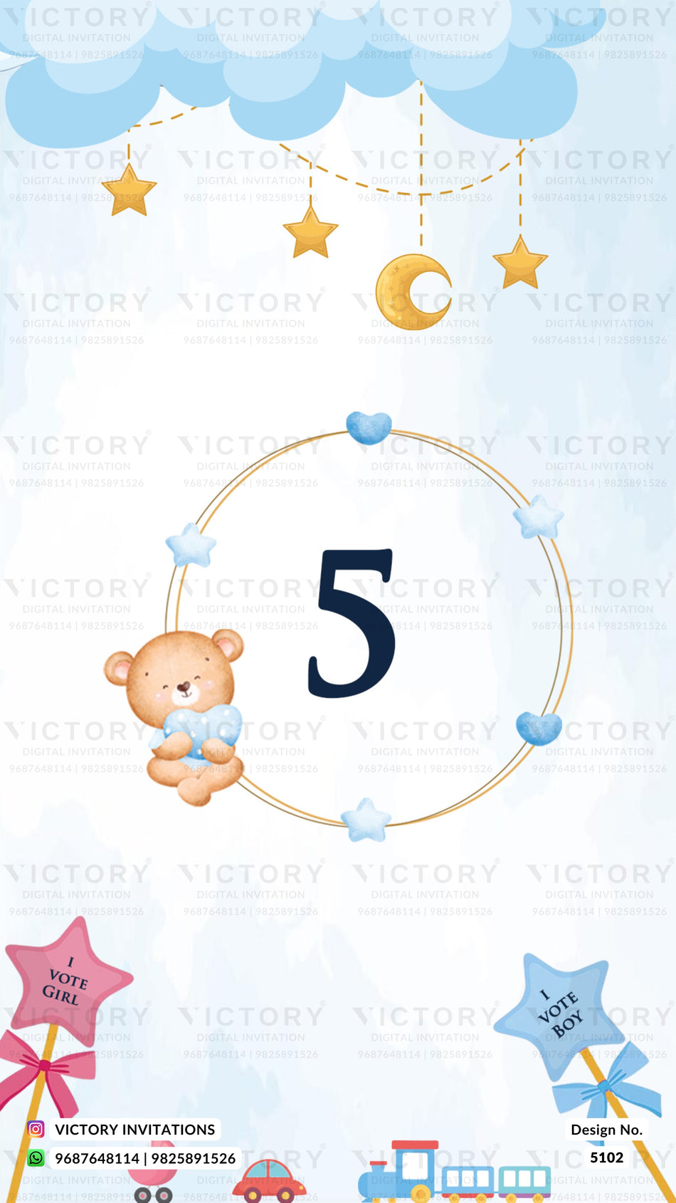 Baby first birthday invitation template featuring a light blue and white cloud background with a central gold circle, the number 5 in navy, a teddy bear, stars, a crescent moon, and small toy illustrations at the bottom.