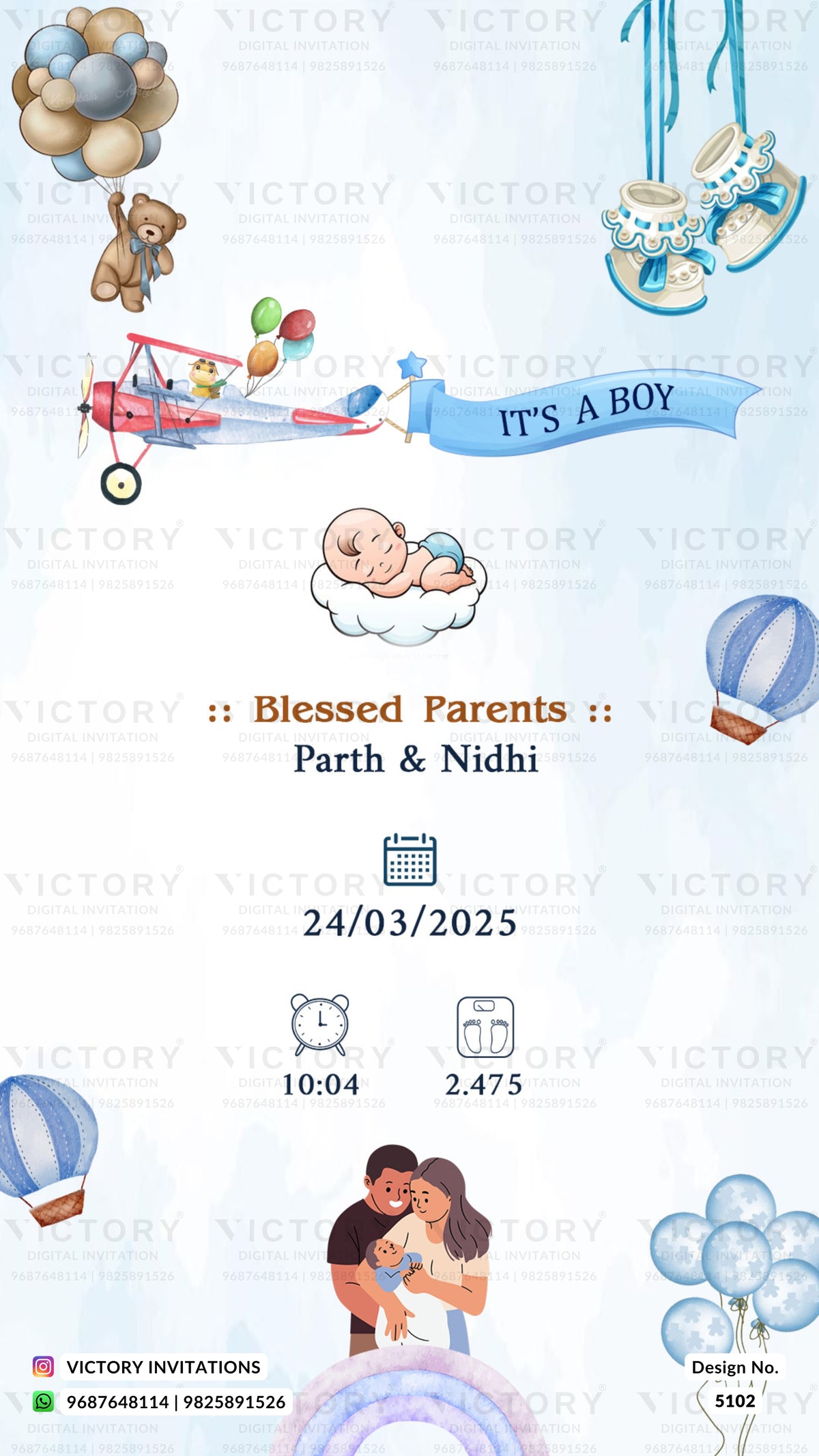 A baby shower invitation template with a light blue and white background, featuring cartoon illustrations of balloons, a teddy bear, a baby in a stroller, a small airplane, and a couple holding a baby. The text reads 'IT'S A BOY', 'Blessed Parents', 'Parth & Nidhi', '24/03/2025', with icons for time and guests.