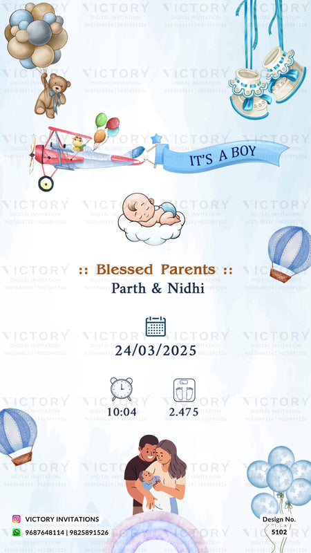 A baby shower invitation template with a light blue and white background, featuring cartoon illustrations of balloons, a teddy bear, a baby in a stroller, a small airplane, and a couple holding a baby. The text reads 'IT'S A BOY', 'Blessed Parents', 'Parth & Nidhi', '24/03/2025', with icons for time and guests.